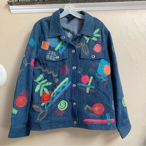 Embroidered all over print Floral Denim Jacket Women’s 1X blue Jean snap front